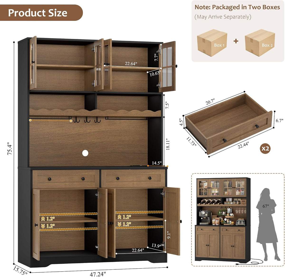 HOSTACK 75" Kitchen Pantry Storage Cabinet, Coffee Bar Hutch Cabinet, Brown | Tall Pantry Cabinet with Charging Station / Wide Countertop / Glass Doors / Wine Rack / Cup Holder / Drawers, Dining Room