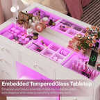 CollaredEagle 45" Large White Vanity Desk with Vibrant RGB Lighting. | 11 Hollywood Style Bulbs, 11 Drawers, Power Outlet, Hair Dryer Holder, Cushioned Stool, Tempered Glass
