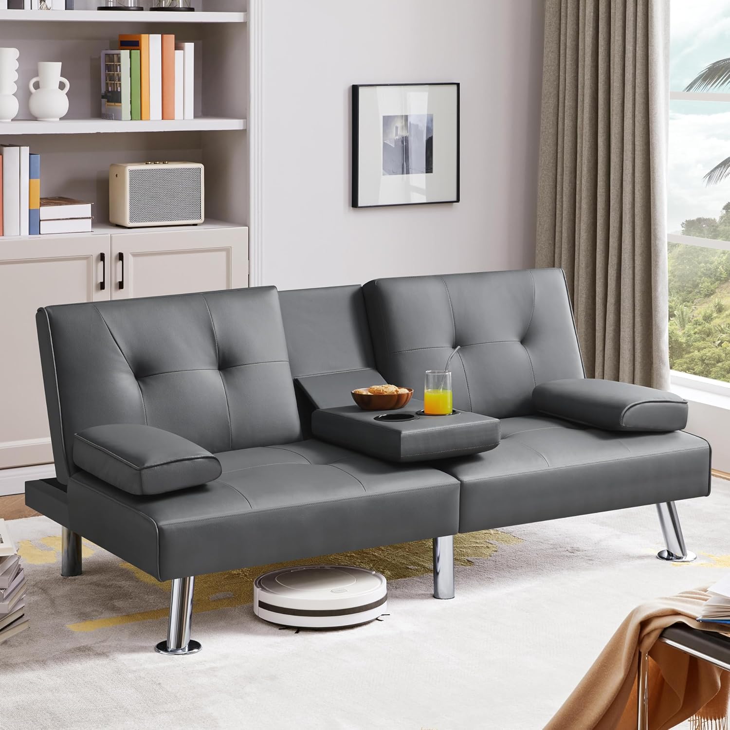 Yaheetech Convertible Futon Sofa Bed Loveseat with Cup Holder, Gray | 3 Angles Sofa, Recliner Chair, Bed, Compact Faux Leather Love Seat for Living Room, Guest Room, Dorm, Small Apartment