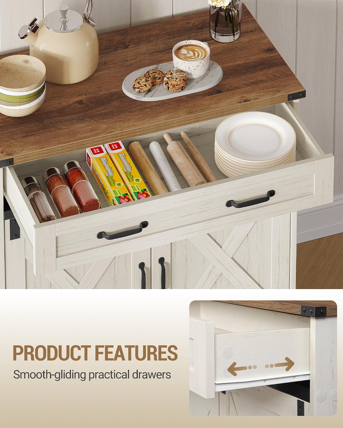 Hzuaneri Kitchen Storage Cabinet, Buffet Cabinet with Storage, Modern Farmhouse Sideboard Cabinets with Drawer, 31.5" Coffee Bar Cabinets with Doors & Adjustable Shelves, for Kitchen, White Brown