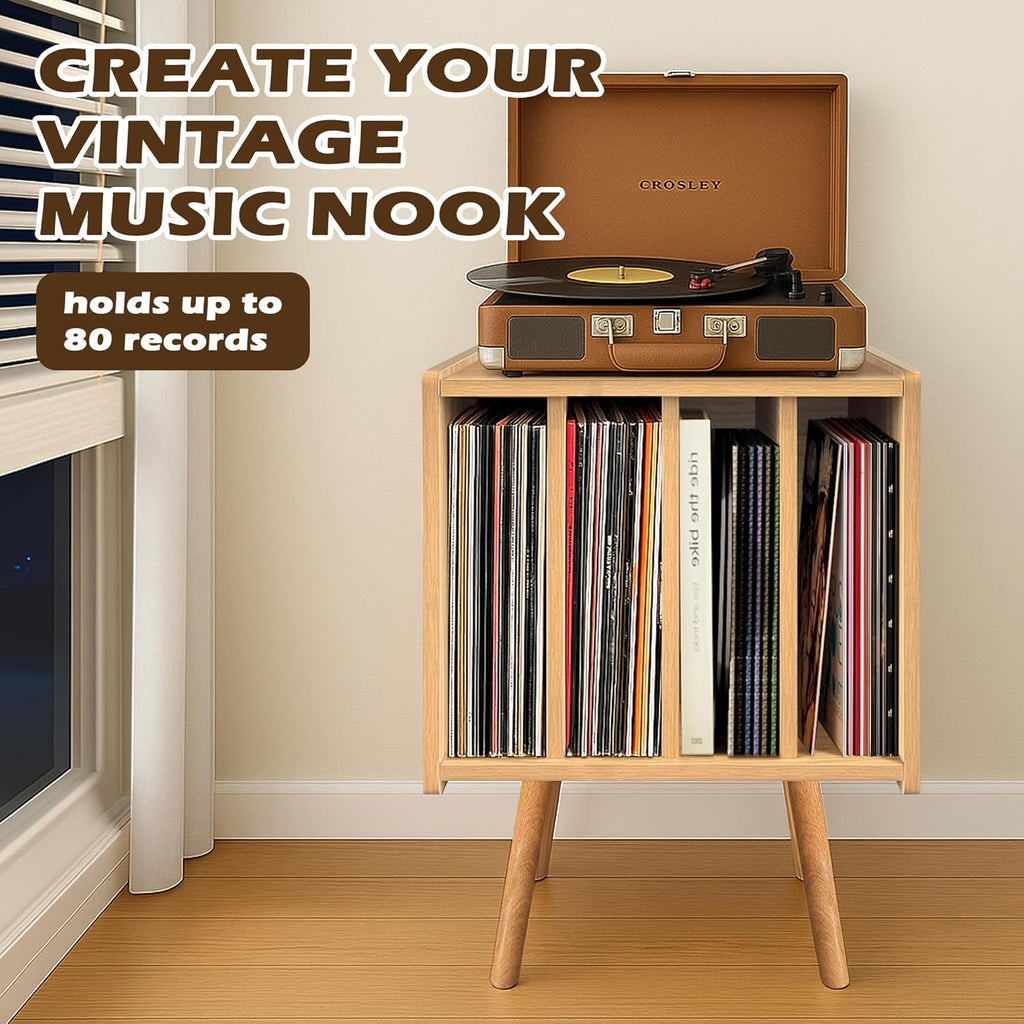 Record Player Stand, Vinyl Record Storage Table with 4 Cabinet, Mid Century Modern Turntable Stand, Organizer Vinyl Table for Bedroom Living Room, Oak
