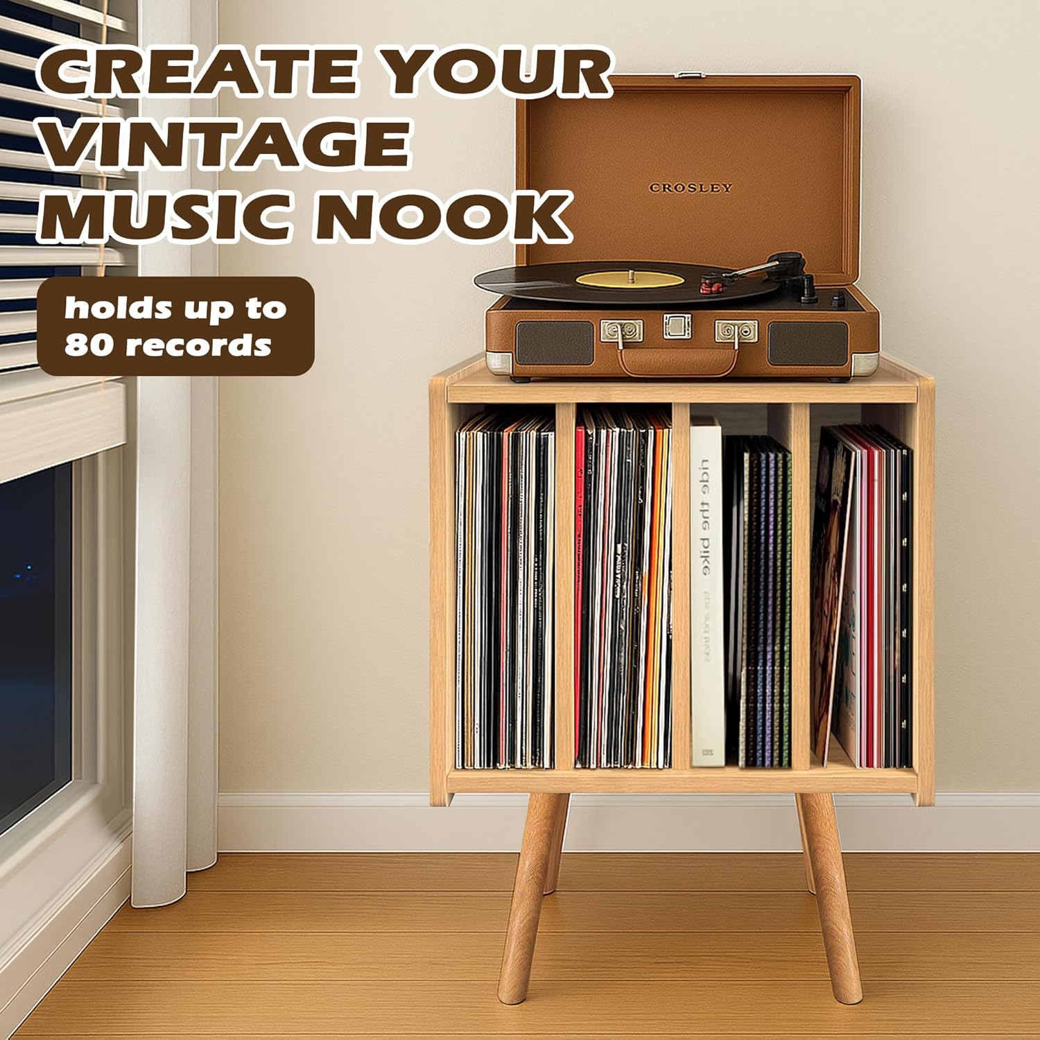 Record Player Stand, Vinyl Record Storage Table with 4 Cabinet, Mid Century Modern Turntable Stand, Organizer Vinyl Table for Bedroom Living Room, Oak