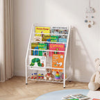 JAQ Kids Bookshelf for Toddlers, 4-Tier Toddler Bookshelf, Forward Facing Kids Book Shelf, Metal Book Display Shelf for Nursery, Playroom & Classroom, Sling Bookshelf for Small Spaces, White, 24.8"