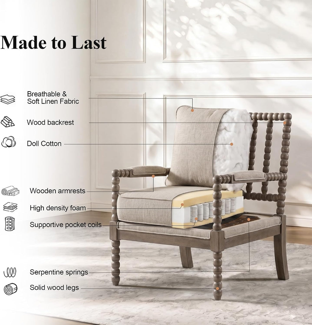 DUHOME Linen Fabric Spindle Accent Chair with Wood Frame,Modern Accent Chairs with Padded Spring Seat and Brushed White Base for Living Room Bedroom Farmhouse Home Office Belcony