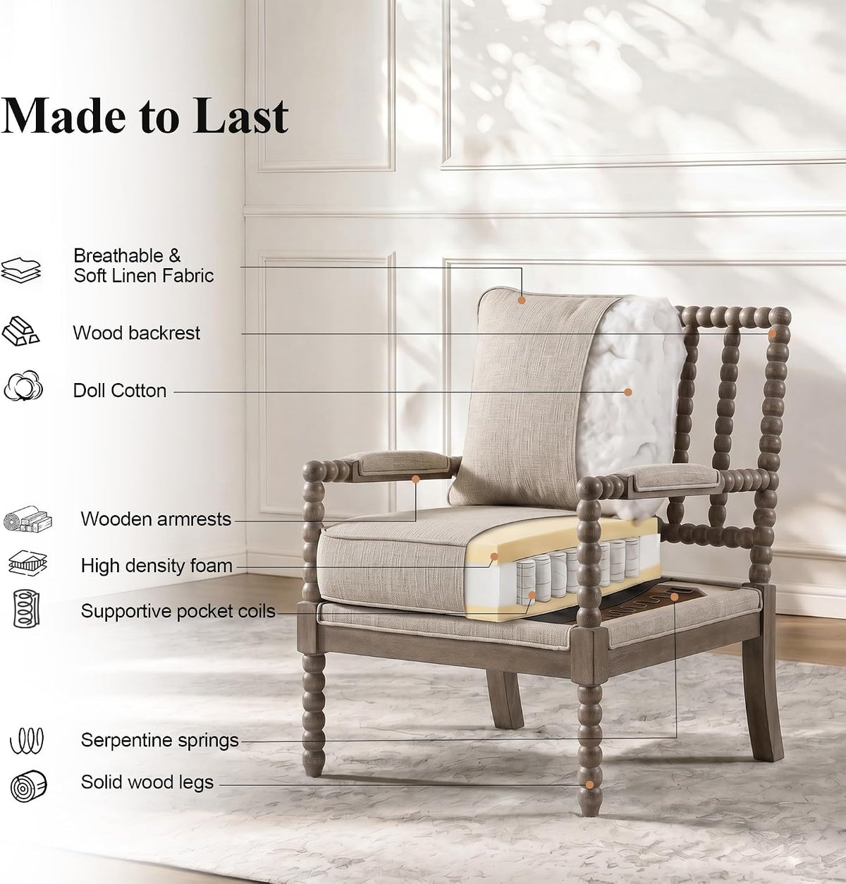 DUHOME Linen Fabric Spindle Accent Chair with Wood Frame,Modern Accent Chairs with Padded Spring Seat and Brushed White Base for Living Room Bedroom Farmhouse Home Office Belcony