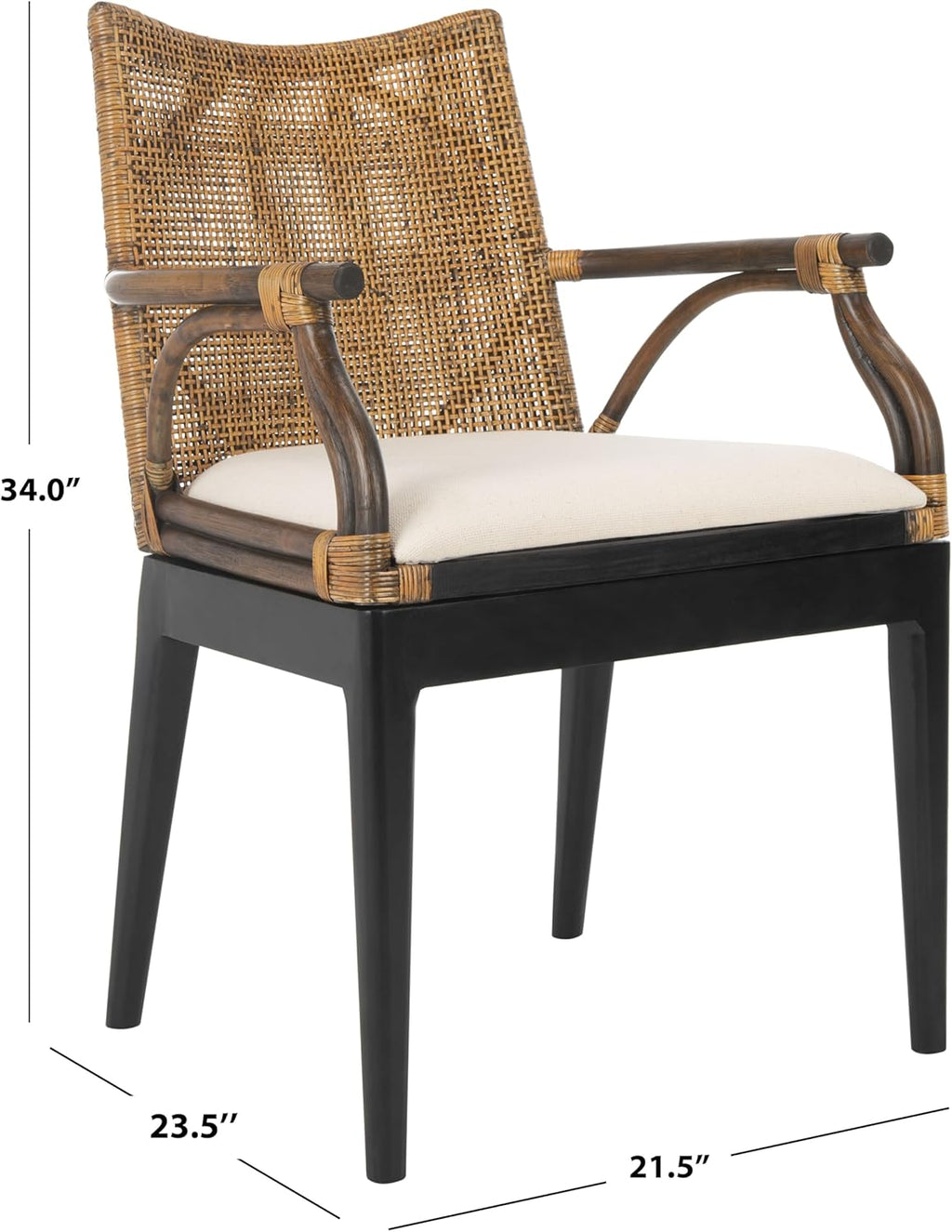 SAFAVIEH Gianni Rattan Arm Chair 19.8”, Solid Wood Brown & Black SEA4011A | Hand-Woven Rattan Back, Solid Mahogany Frame, Foam-Filled Cotton Seat, Easy Assembly, Indoor Use