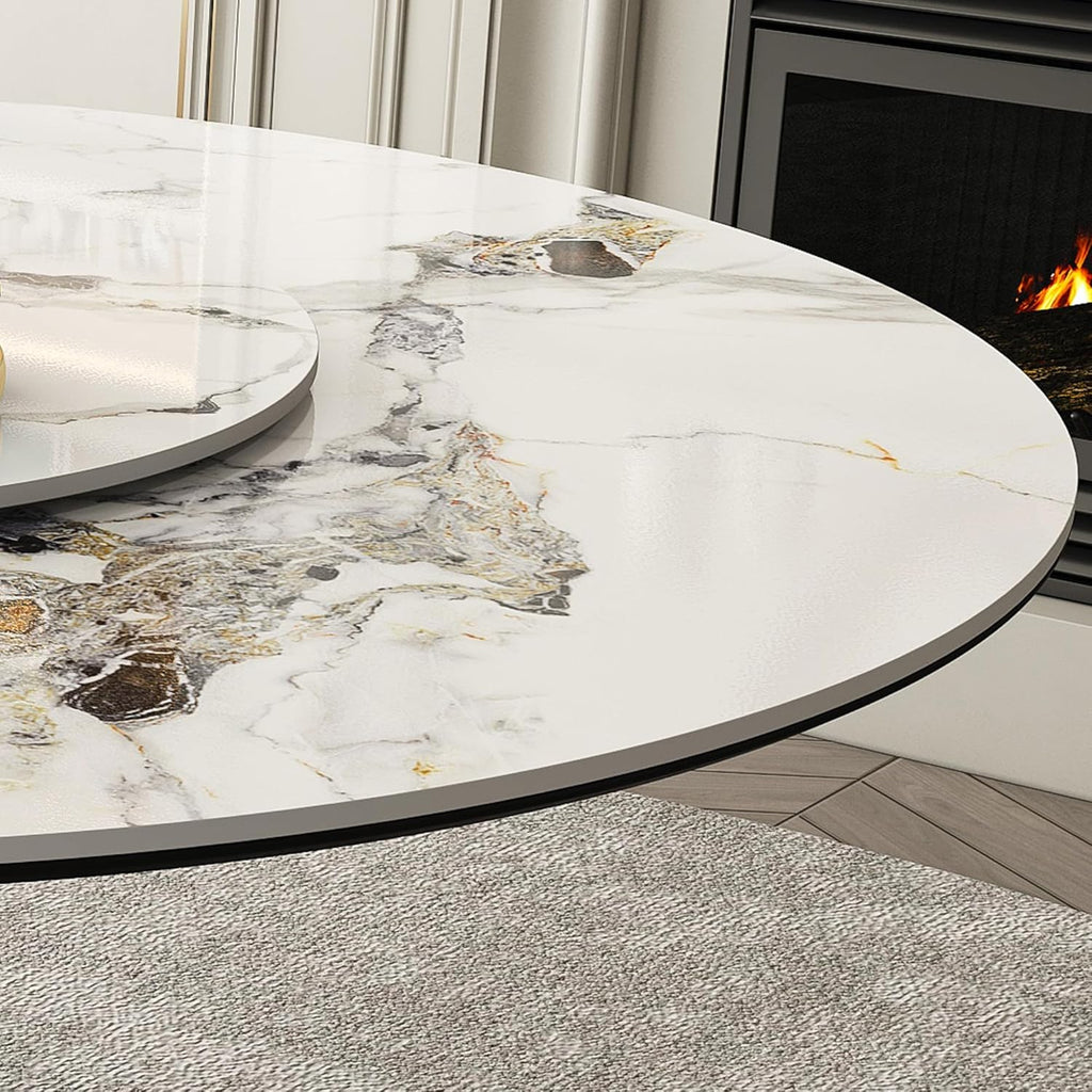 Montary 59” Modern Round Dining Table for 6-8, Artificial Marble Dining Room Table with Lazy Susan, Stainless Steel Black Titanium Hourglass Base, Sintered Stone Top Dining Table (Only Table)