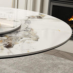 Montary 59” Modern Round Dining Table for 6-8, Artificial Marble Dining Room Table with Lazy Susan, Stainless Steel Black Titanium Hourglass Base, Sintered Stone Top Dining Table (Only Table)