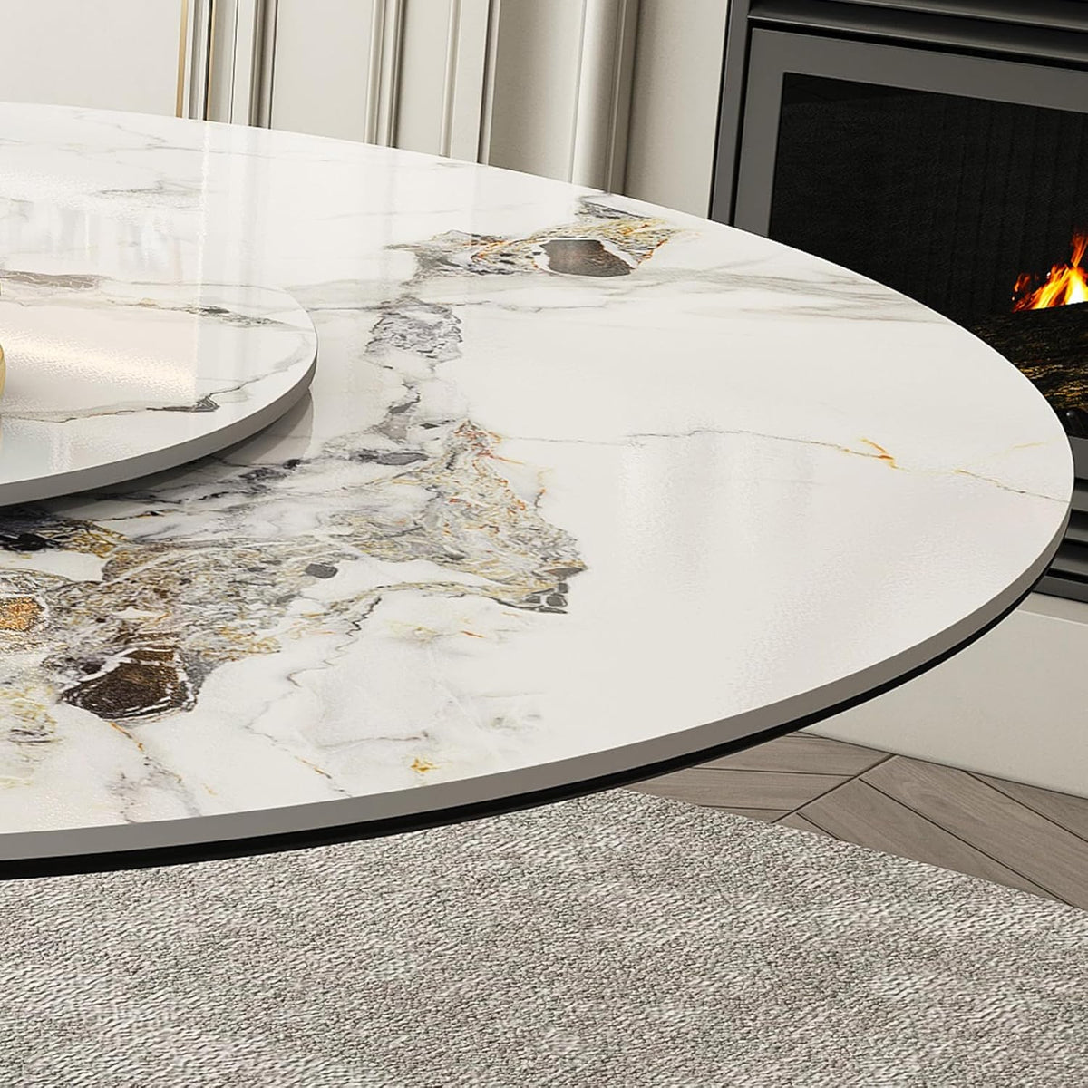 Montary 59” Modern Round Dining Table for 6-8, Artificial Marble Dining Room Table with Lazy Susan, Stainless Steel Black Titanium Hourglass Base, Sintered Stone Top Dining Table (Only Table)