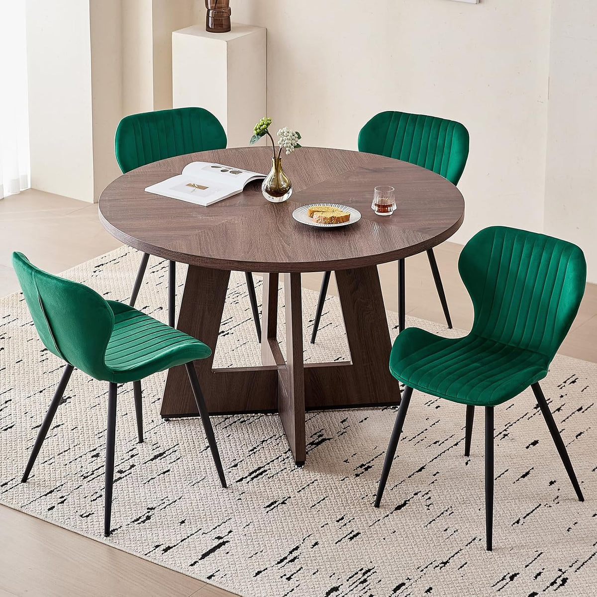 Green Velvet Dining Chairs Set of 4, Ergonomic Kitchen Chairs | Modern Upholstered Dining Chairs, Vertical Striped Enclosed Side Chair with Curved Backrest & Metal Legs for Living Room