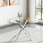 47.2“ Round Dining Table for 4, Contemporary Tempered Glass Dining Table, Small Dinner Table with Silver Metal Base, Round Clear Kitchen Table Writing Desk for Dining Kitchen