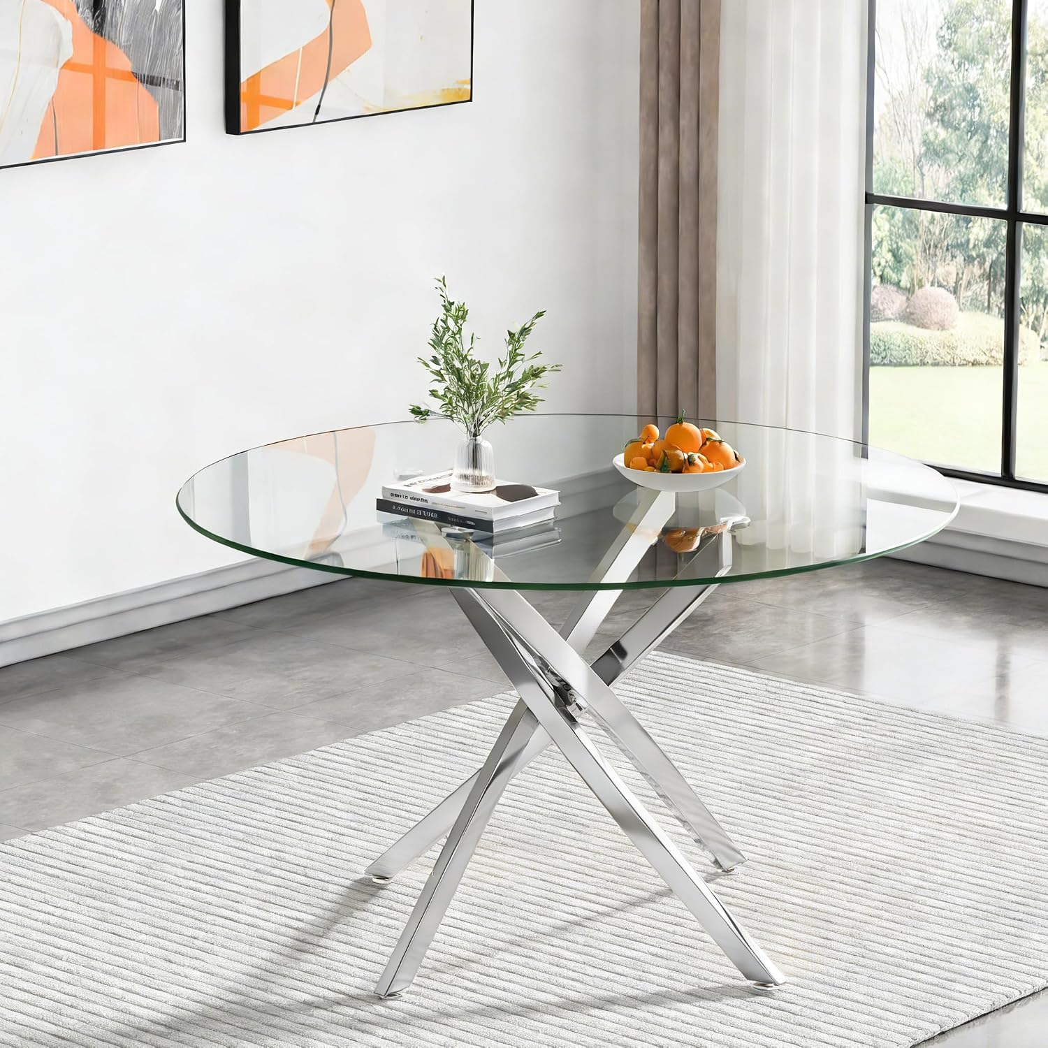 47.2“ Round Dining Table for 4, Contemporary Tempered Glass Dining Table, Small Dinner Table with Silver Metal Base, Round Clear Kitchen Table Writing Desk for Dining Kitchen
