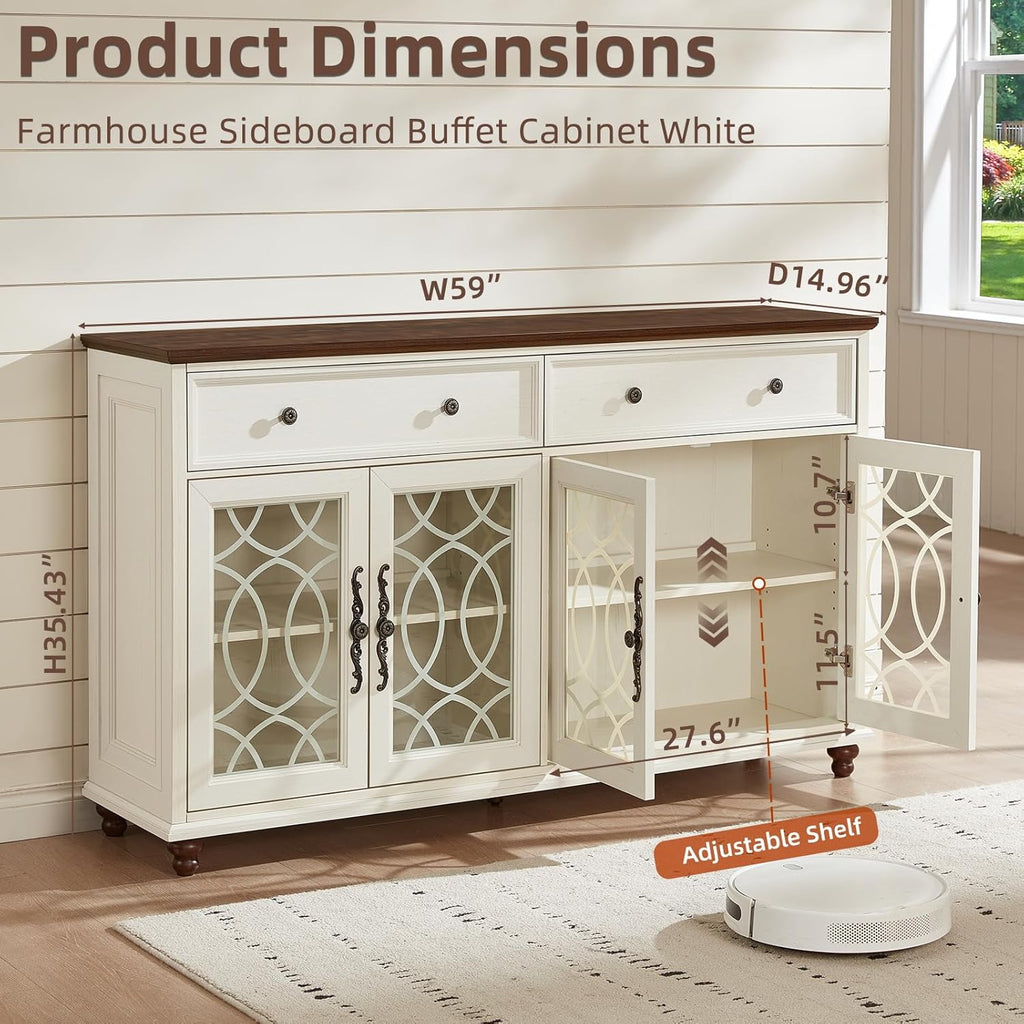 Joaxswe Farmhouse Sideboard Buffet Cabinet with Storage,59" Large Credenza with 4 Glass Doors & 2 Drawers, Wood Kitchen Coffee Bar, Adjustable Shelves Console Table for Dining Room,Living Room,White