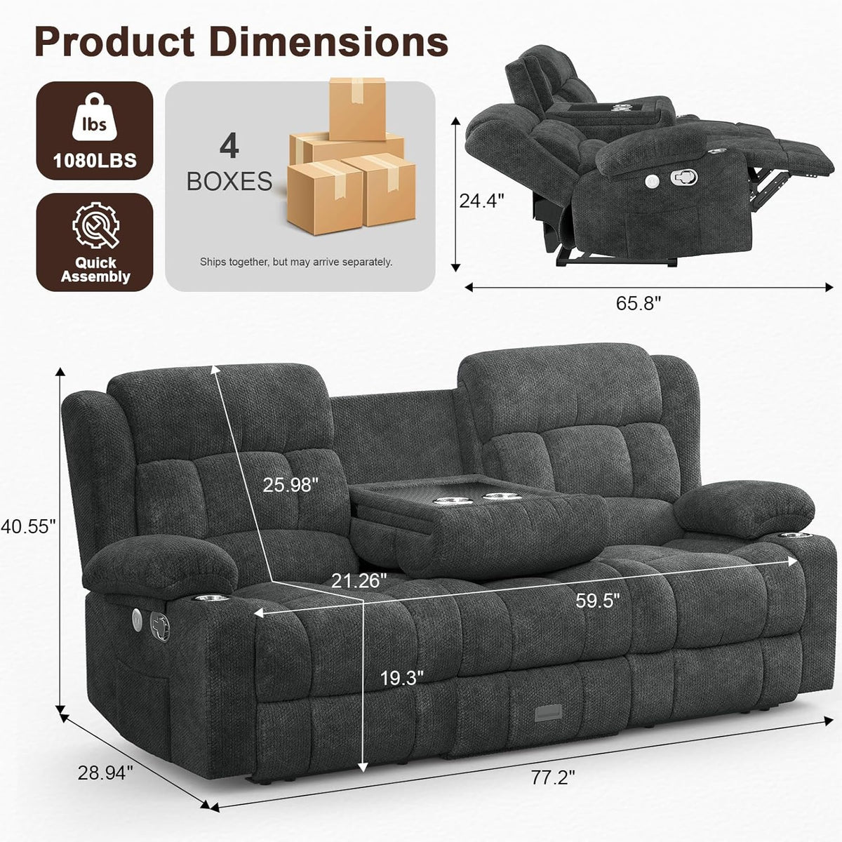 Loveseat Recliner Sofa, 3 Seater Minimalist Style Reclining Loveseat with Flip Back Console, USB Charge Ports, Cup Holders, Recliner Love Seat Couches for Living Room, RV, Gray