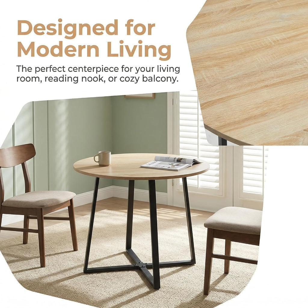 IDS Home 35.4” Round Dining Table for 2, Modern Nordic Kitchen Table, Light Wood Grain Top with Black Metal Base, Small Space Apartment Table, Coffee Table for Dining Room &Living Room, Natural