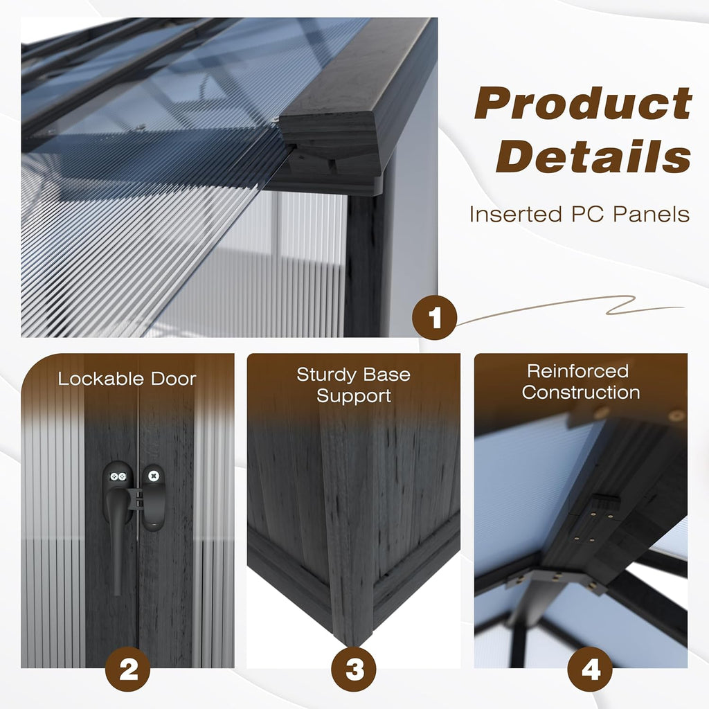 6x12 FT Greenhouse Kit for Outdoor, Thickened Polycarbonate Panel Wooden Walk-in Green House with Lockable Door and Adjustable Roof Vent, Backyard Garden, Black