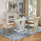 Modern Faux Marble Dining Table Set for 4, 63" White Rectangular Kitchen Table with Elegant U-Shaped Pedestal Base & 4 Tufted Upholstered High-Back Chairs, Luxury 7-Piece Dining Room Furniture Set
