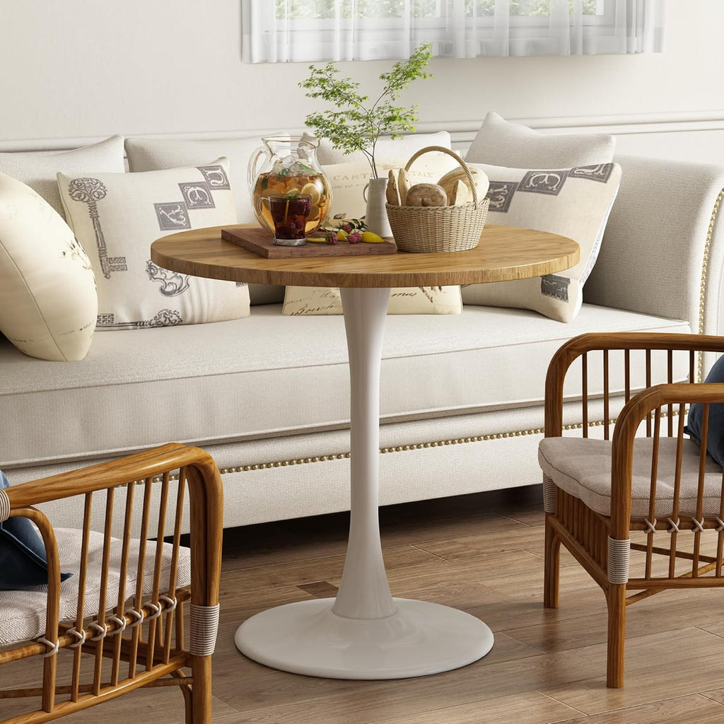 Round Dining Table 30" Circle Tulip Table with Wood Thickened Tabletop & Sturdy Metal Pedestal Mid Century Modern Leisure Bistro Kitchen Tables 4 People Small Places Living Room Cafe,Oak
