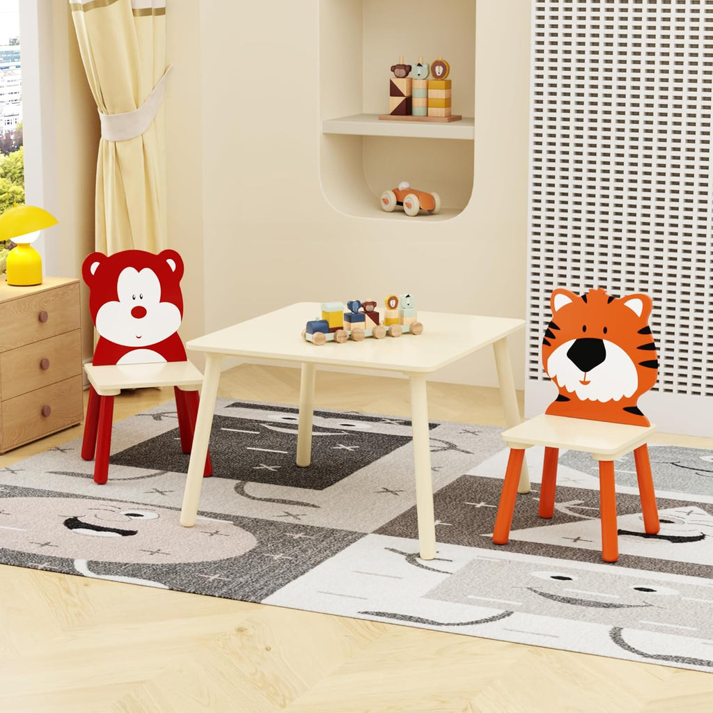 3 Pieces Table and Chair Set, Tiger & Bear Pattern Activity Play Set with Solid Wood Legs, Wooden Furniture for Playroom, Daycare & Kindergarten