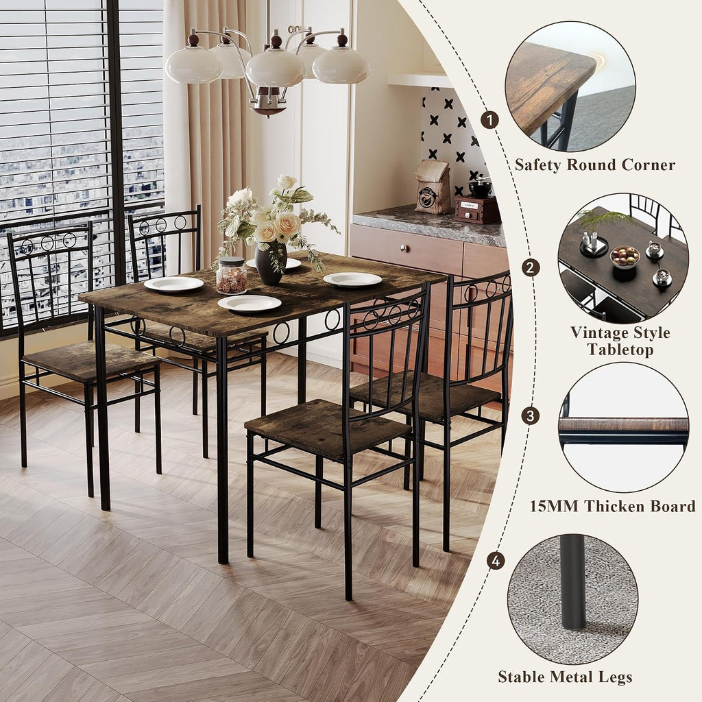 5 Piece Dining Table Set, Modern Metal&Wood Kitchen Dinner Table with 4 Chairs, Dining Room Table Sets for Small Spaces, Brown