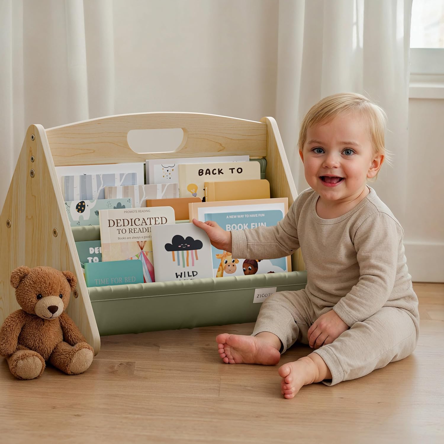 Decorative Wooden Bookshelf with Handle for Kids Rooms - Montessori Shelf | Keeps Books Neatly Organized and Within Reach for Toddlers - Easy Install Book Shelf for Baby's Bedroom or Playroom Decor