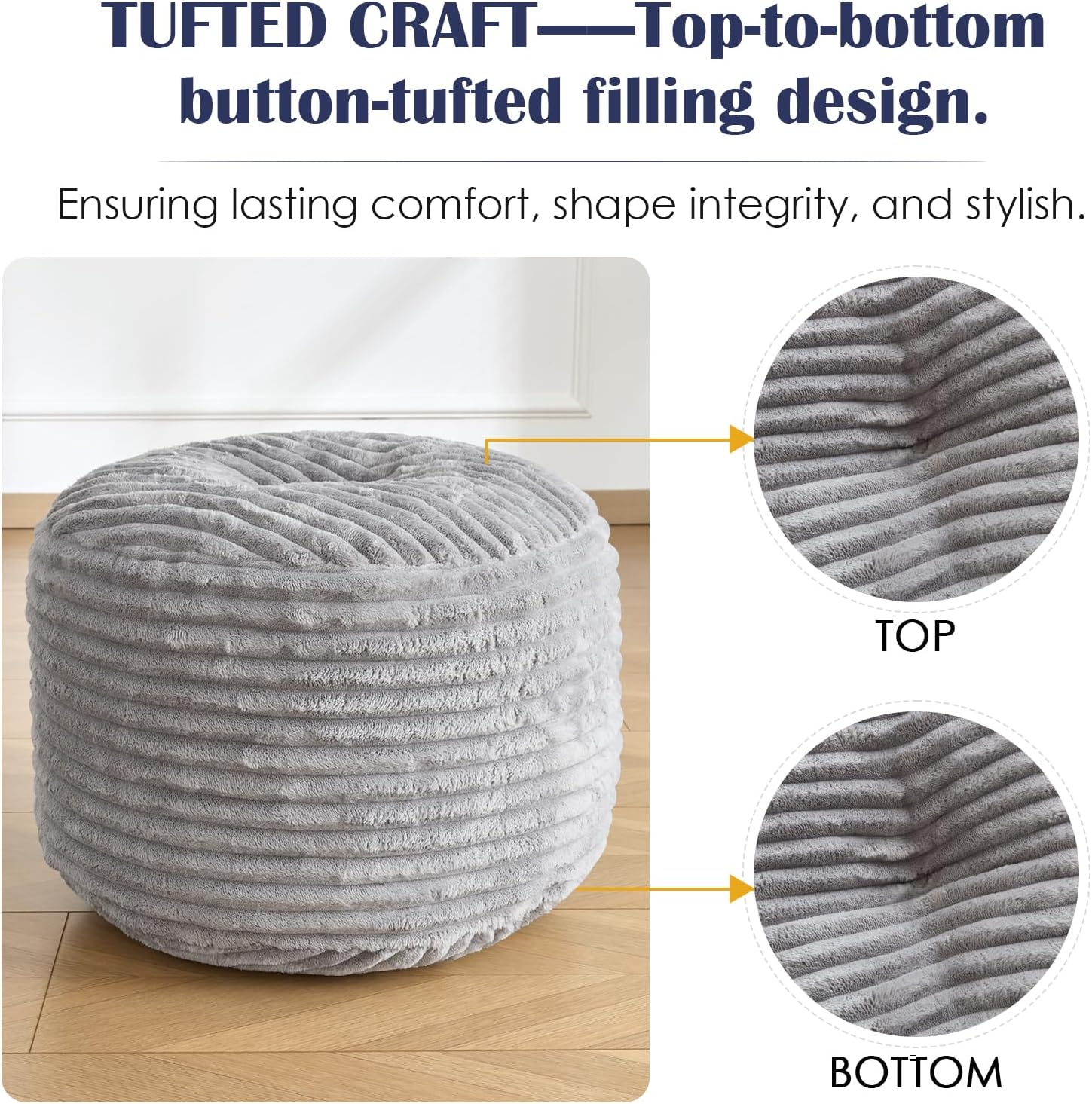 SHOUREN Stuffed Round Ottoman,Pouf Ottoman Foot Rest,20 X 15 in,Light Grey | Corduroy Cover,Memory Foam Filler,Pouf Storage Ottoman Footstool for Living Room,20 X 15 Floor Poufs for Couch,Footrest Only