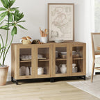 WAMPAT Sideboard Buffet Cabinets, Modern Credenza Sideboard with Adjustable Shelf and Metal Base, Coffee Bar Cabinet Accent Storage Cabinet for Living Room, Kitchen, Oak-A, 2 Pcs