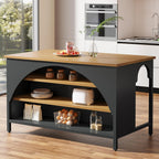 Tribesigns Kitchen Island with 3 Storage Shelves, 55" W Kitchen Shelf with Large Countertop and Seating Area, Modern Wooden Coffee Bar Table (Black)