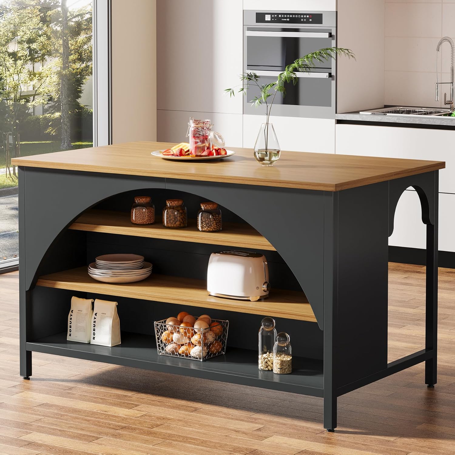 Tribesigns Kitchen Island with 3 Storage Shelves, 55" W Kitchen Shelf with Large Countertop and Seating Area, Modern Wooden Coffee Bar Table (Black)