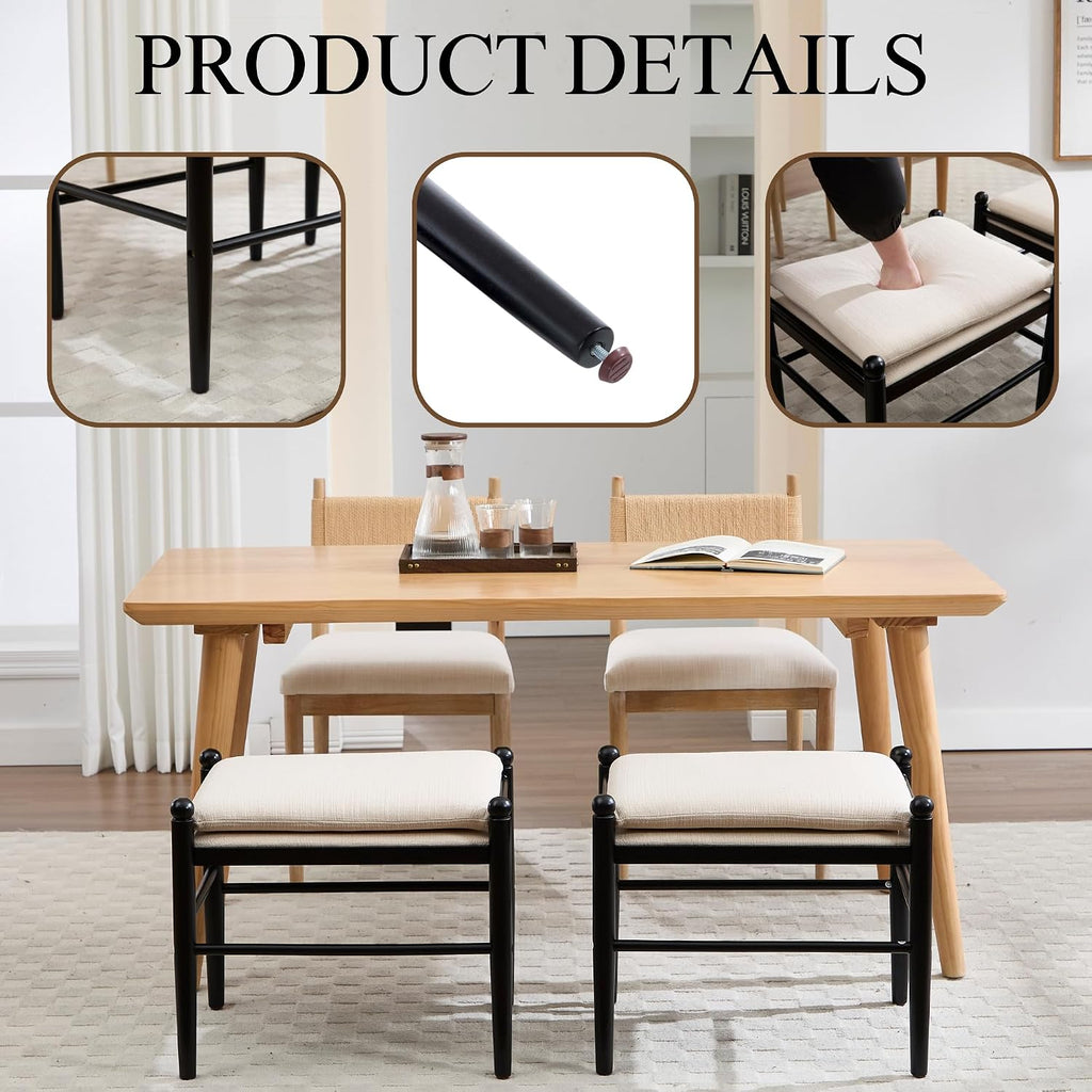 Ottoman Footrest, 19 Inch Upholstered Vanity Bench Seat, Backless Makeup Stool with Solid Wood Legs for Dining Room/Bedroom/Living Room/Entryway,Black Frame/White Linen