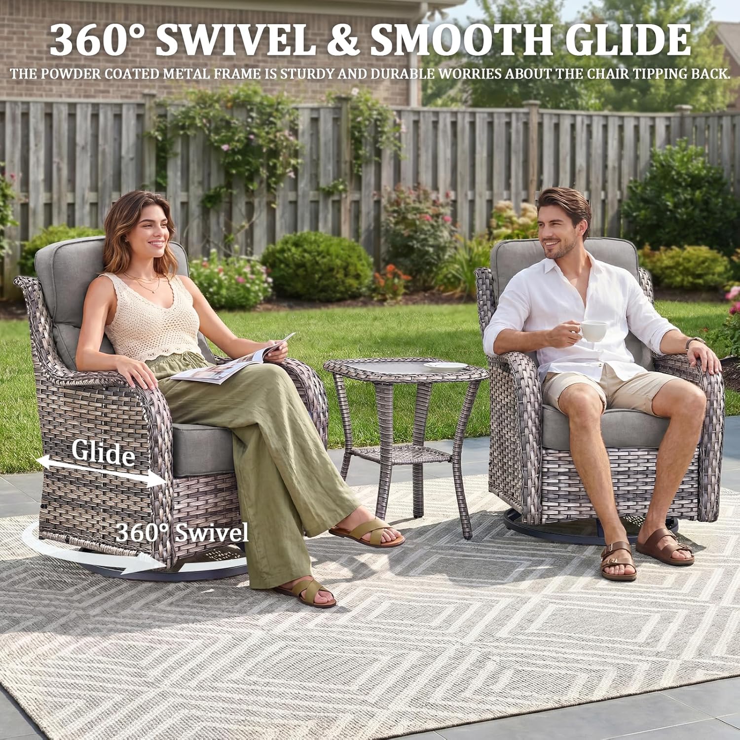 Luxury Swivel Rocker Chairs Fire Pit Set with 6" Thick Cushion 7 piece Wicker Outdoor Patio Chair with Sofa and Ottoman,Comfortable High Back Outdoor Patio Furniture Set - Gery | Gery