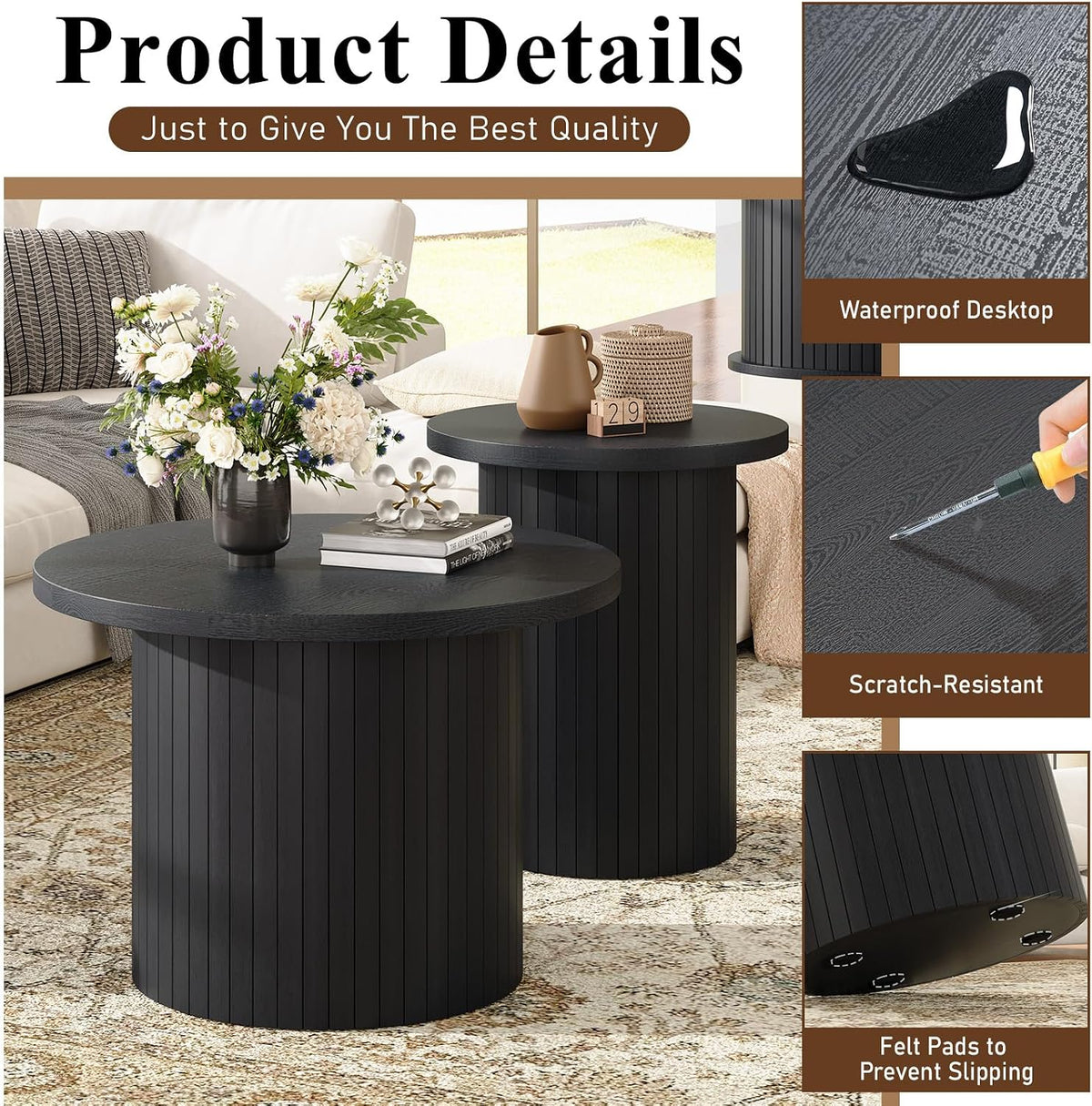 LUXOAK Nesting Coffee Table Set of 2, Mid Century Modern Round Coffee Tables, Wood Slat Side Table Set for Living Room, Office, Balcony, Textured Black