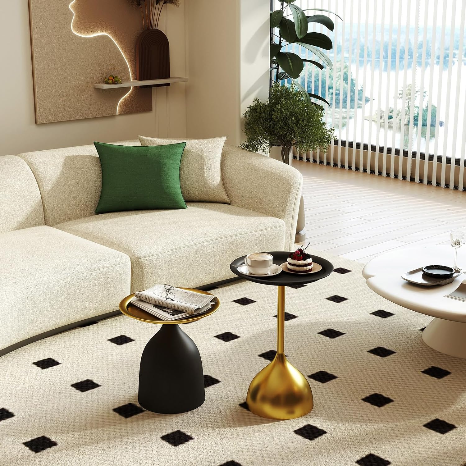 Benkyo Black and Gold Nesting Tables Pedestal Coffee Table Set of 2 Round Side Tables Metal End Table Small Circle Modern Sofa Table for Living Room
