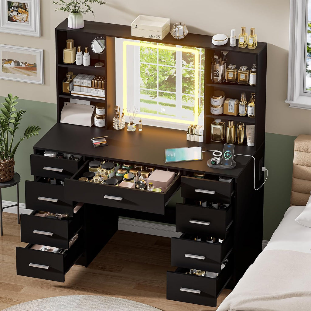 Black Vanity Desk with Mirror and Lights,Makeup Vanity with 9 Drawers, 6 Shelves & Power Outlet,Touch Screen Mirror Dressing Vanity Table, 3 Color Adjustable, Girls Vanity, Bedroom