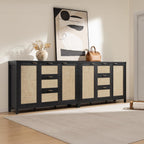 SICOTAS Rattan Large Sideboard Buffet Cabinet with Storage - Farmhouse Boho Coffee Bar Storage Cabinet with 3 Drawers and 2 Doors, Tall Credenza for Living Room, Kitchen, Hallway, Black Oak (2 Pieces)