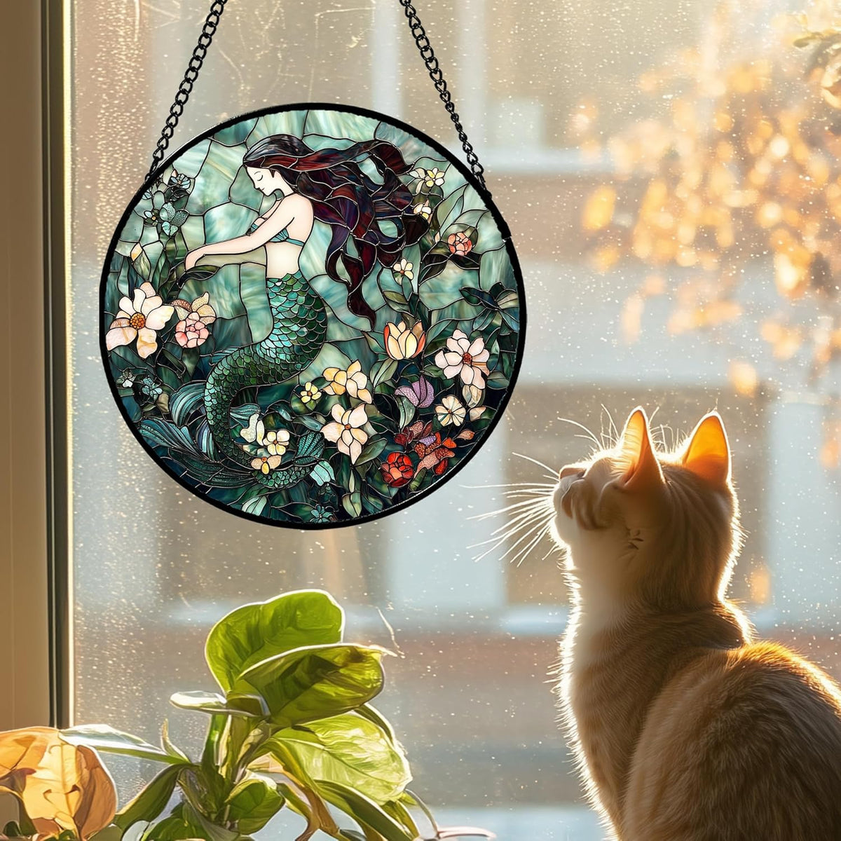 Stained Glass Window Hanging - Teal Sleeping Mermaid Suncatcher for Door Terrace Garden Home Decor, Sea of Flowers Sun Catcher Birthday Gifts for Lovers Women Men Dad Mom Nana 7.8 in