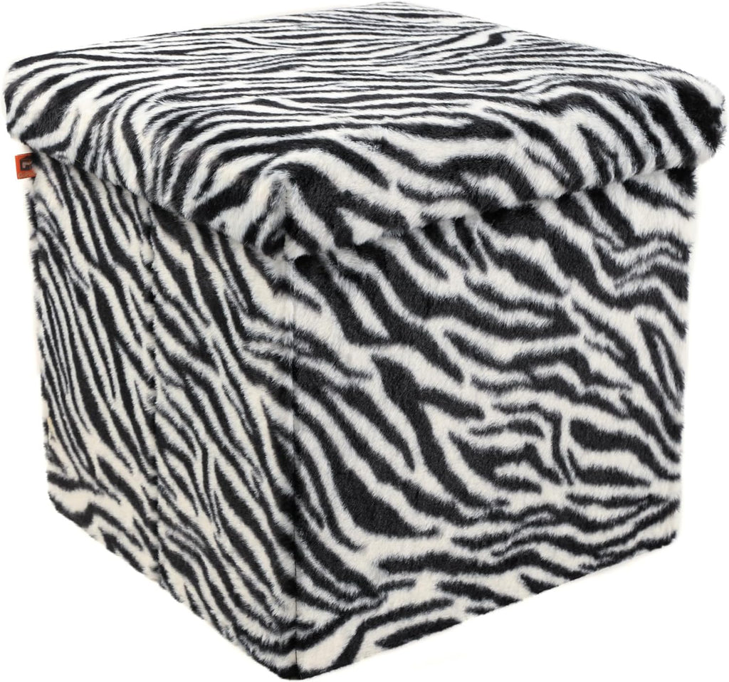 Luxe Faux Fur Storage Ottoman, Zebra Black/White, 15 x 15 x 15 in | Engineered Wood, Tool-Free Assembly, Modern Style, Seat And Footrest