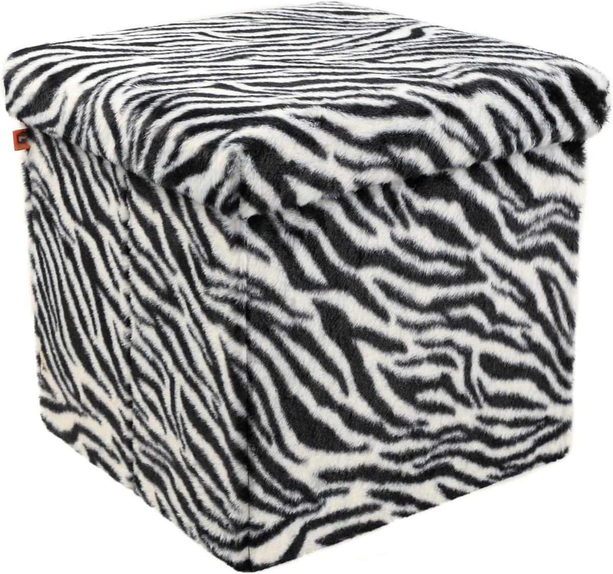 Luxe Faux Fur Storage Ottoman, Zebra Black/White, 15 x 15 x 15 in | Engineered Wood, Tool-Free Assembly, Modern Style, Seat And Footrest