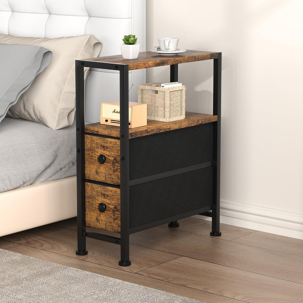 Small Narrow Side Table with Drawers, Skinny End Table for Small Spaces, Slim Nightstand with Storage, sofa bedside Table in Living Room, Bedroom, Study, kitchen and Balcony (Rustic Brown)M-LBZ83B1V1