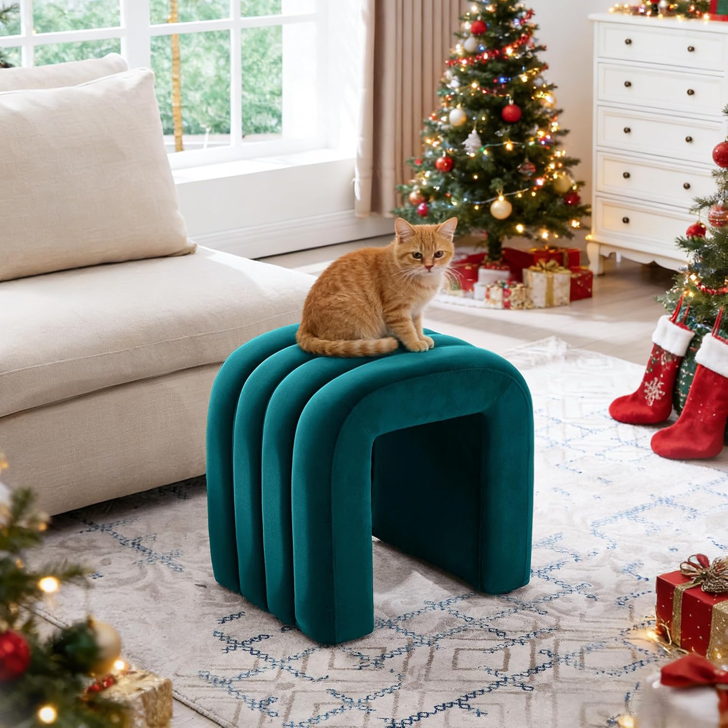 Multi-Functional Ottoman Stool, Footrest for Couch, Modern Vanity Stool for Make-up Room, Living Room and Entryway, Small Cute Footstool (Teal Velvet)