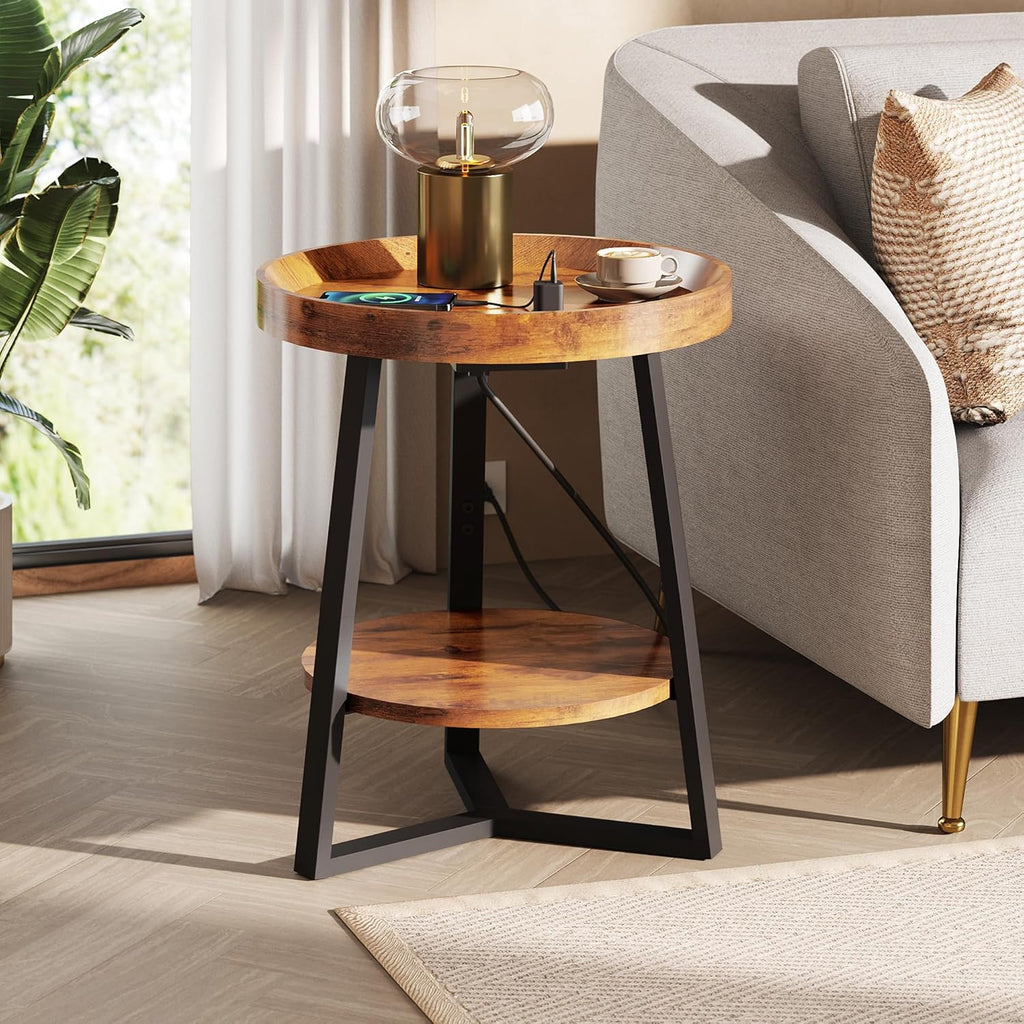 WLIVE Small Round Side Table with Charging Station, Round Coffee Table, 2 Tier End Table for Living Room/Bedroom, Sofa Couch, Easy to Assemble, Wood Tabletop & Metal Frame, Rustic Brown