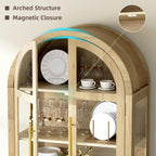 Vlsrka 71" Arched Curio Cabinet with Glass Doors, 4-Shelves Display Cabinet and 2 Drawers, Display Case with 3 Color Lights, Tall Bookcase, Kitchen Pantry, Wood Color