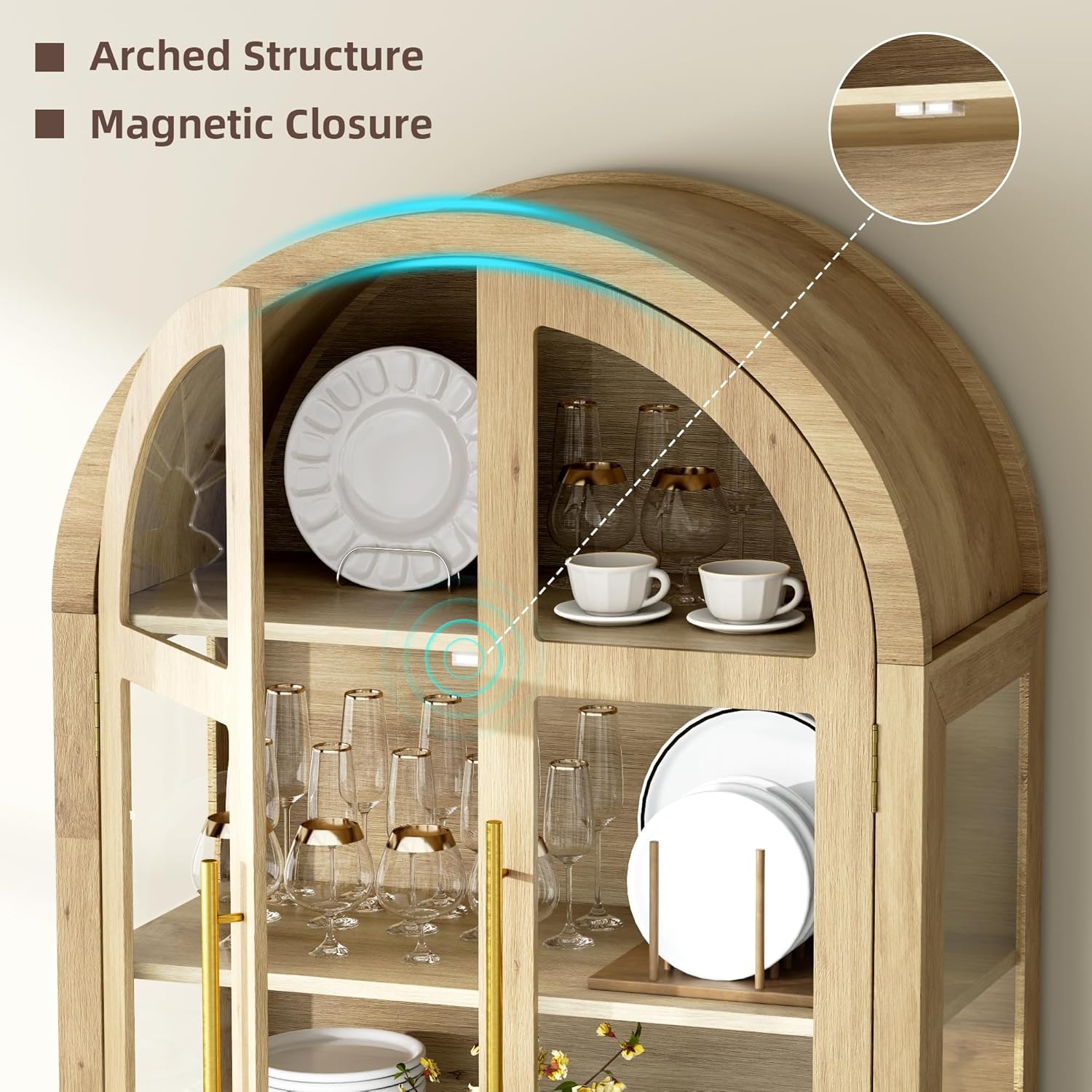 Vlsrka 71" Arched Curio Cabinet with Glass Doors, 4-Shelves Display Cabinet and 2 Drawers, Display Case with 3 Color Lights, Tall Bookcase, Kitchen Pantry, Wood Color