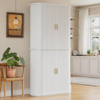 iPormis Kitchen Pantry with Sliding Doors, Tall Modern Curved Pantry Storage Cabinets with Drawer & Pull Out Shelves, 64-Inch Freestanding Wood Cupboard for Kitchen Dining Room Living Room, White
