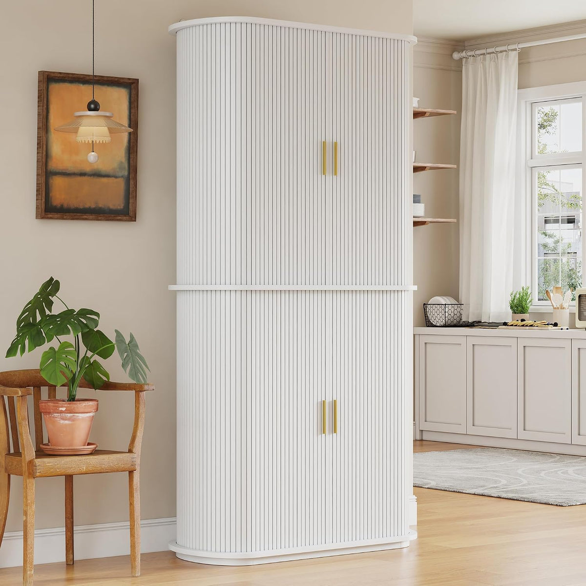 iPormis Kitchen Pantry with Sliding Doors, Tall Modern Curved Pantry Storage Cabinets with Drawer & Pull Out Shelves, 64-Inch Freestanding Wood Cupboard for Kitchen Dining Room Living Room, White