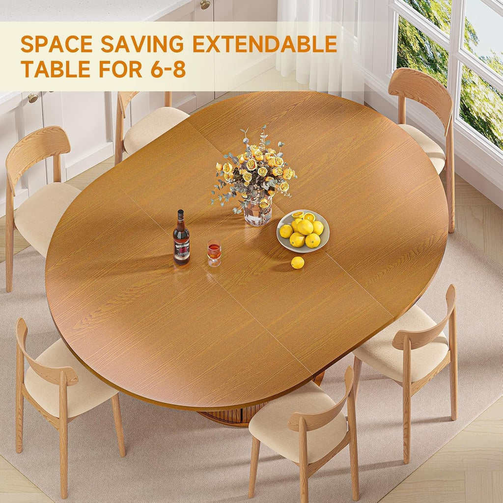 DHH 47"-63" Extendable Round Dining Table for 4–8 with Storage, Mid Century Modern Farmhouse Wood Oval Dinner Table with Pedestal Base for Kitchen, Living Room (Yellow Walnut)