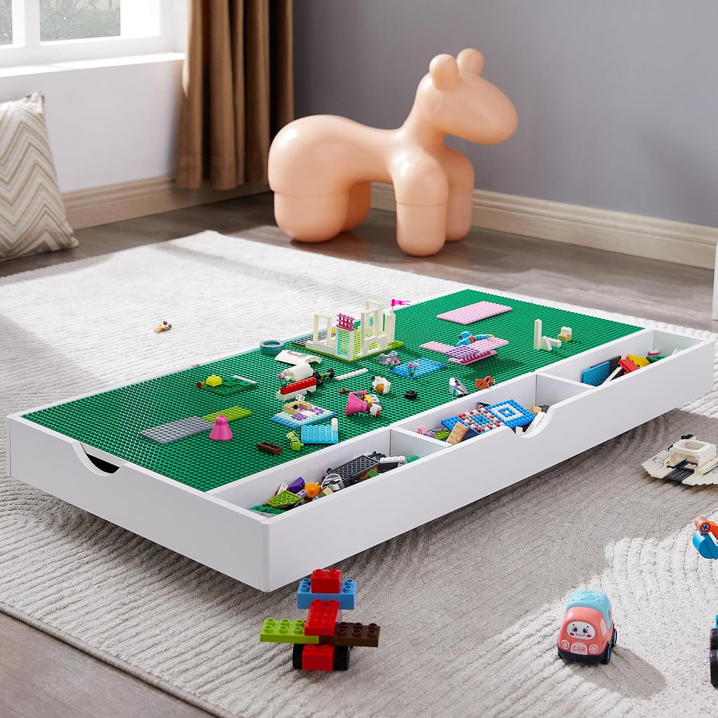 3 in 1 Construction Play Table Compatible with Lego, Game Table with Block Board and Train Car, Rolling Game Table with Locking Wheels and Storage Space, Suitable for Storing Under Bed or Sofa (White)