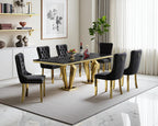 68" Faux Marble Dining Table Set for 6, Black Gold Dining Room Table with Stainless Steel Pedestal & 6 Black Velvet Dining Chairs, Modern Kitchen Table Chairs Set of 6, Luxury 7 Piece Dining Sets