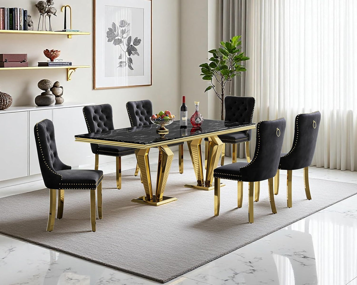 68" Faux Marble Dining Table Set for 6, Black Gold Dining Room Table with Stainless Steel Pedestal & 6 Black Velvet Dining Chairs, Modern Kitchen Table Chairs Set of 6, Luxury 7 Piece Dining Sets