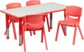 Flash Furniture Emmy 23.625''W x 47.25''L Rectangular Red Plastic Height Adjustable Activity Table Set with 4 Chairs